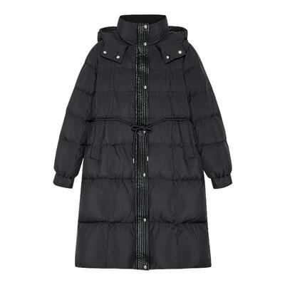 DKNY唐可娜儿秋冬女装时尚拼皮休闲连帽收腰长款面包服羽绒服时尚