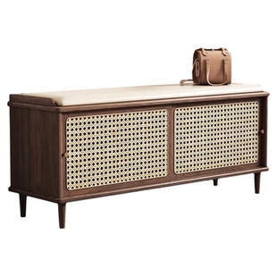 实木藤编鞋柜换鞋凳一体家用门口推拉门储物鞋柜入户可坐穿鞋凳