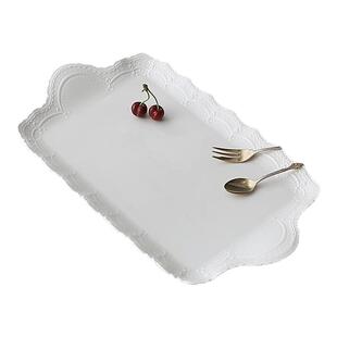 中古工艺浮雕宫廷白色陶瓷16.5英寸双耳托盘别墅家居大水果盘瑕疵