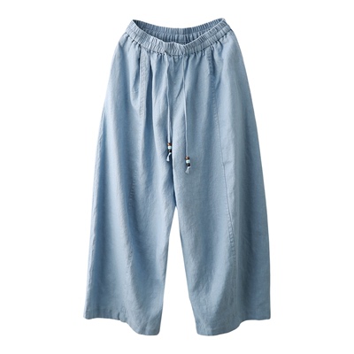 系带亚麻阔腿裤显瘦弯刀裤