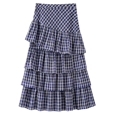 BANANA BABY2025年新款学院风格纹蛋糕裙女开叉长款甜美半身裙