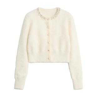 DPLAY【珠光星辰系列】白色针织衫冬季新款闪钻珍珠毛衣上衣女