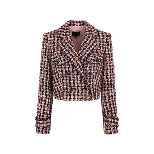 MARYLING玛俪琳秋新品粉黑色H廓型短款粗花呢外套A1EGW90010