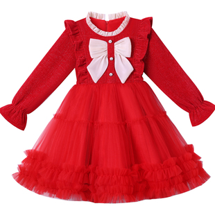 女童连衣裙冬装2026新款小女孩洋气公主裙冬季儿童装红色秋冬裙子