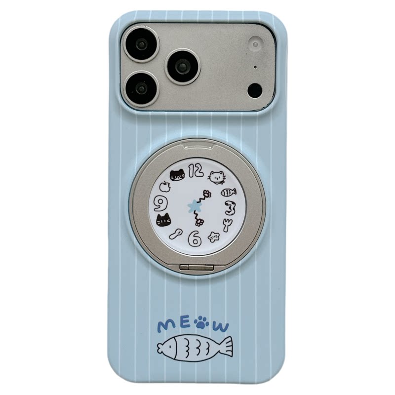 MoreRex蓝条纹可爱时钟猫咪小鱼旋转支架适用苹果18手机壳iphone17promax新款18pro菲林15防摔保护套14女款16