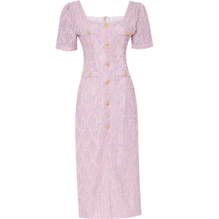 2026夏季新款复古气质名媛方领短袖连衣裙立体花设计感长裙