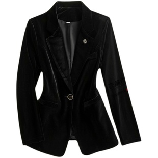 黑色金丝绒西装外套女灯芯绒气质修身时尚丝绒套装高端小西服上衣