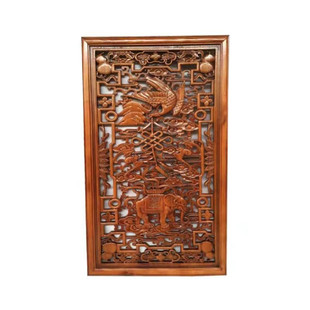 东阳木雕香樟木120*80cm挂件雕花板隔断电视背景墙雕刻现货定制