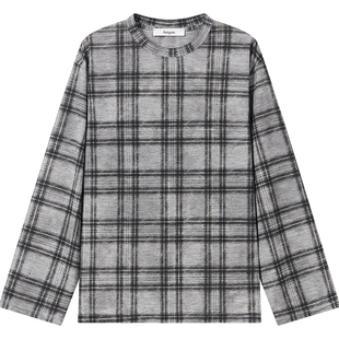7AM10PM 设计感灰黑格纹印花长袖T恤女 百搭休闲格子打底上衣