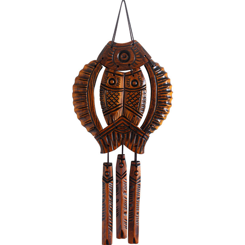 复古鱼手工木雕风铃墙上装饰挂件