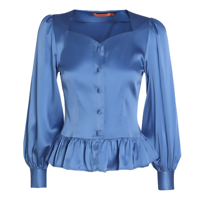 灯笼袖钻石领宫廷蓝色真丝衬衫