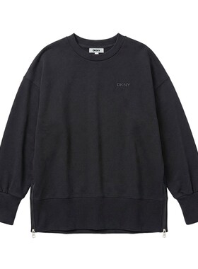 落肩袖圆领卫衣侧开拉链黑色宽松