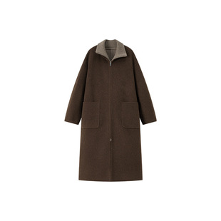 本初针织立领拼接双面羊绒大衣女秋冬极简风长款拉链羊毛呢外套