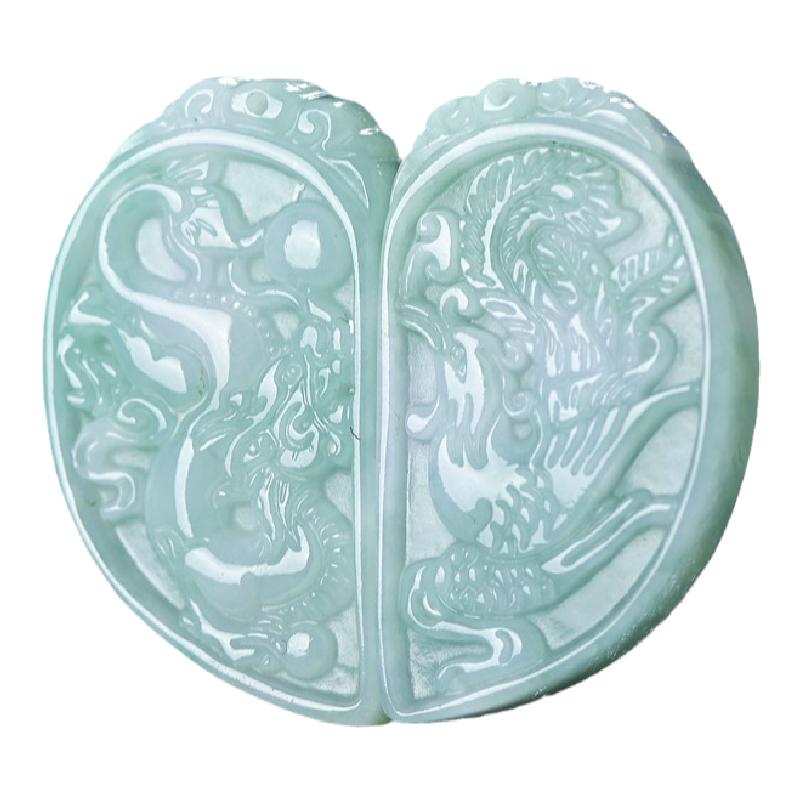 心玉行七夕情人节翡翠A货龙凤玉佩情侣吊坠一对刻字项链男女礼物