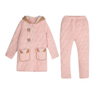 都市丽人LH31L6女士三层夹棉睡衣连帽卡通中长款北极绒夹袄家居服