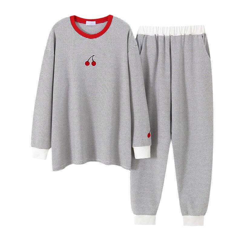 HEARMES 刺绣小樱桃睡衣女春秋季纯棉长袖长裤套头休闲宽松家居服