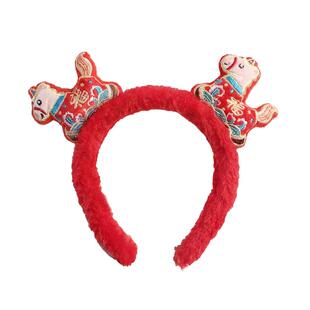 2026新年马年生肖发箍可爱毛绒发卡女红色毛茸茸头箍儿童小马头饰