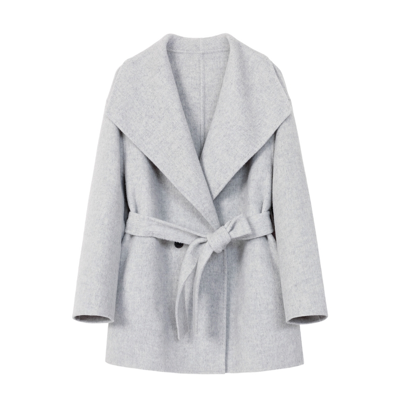 蓝语大码大翻领绵羊毛大衣女2025冬新款系带纯色中长款双面呢外套