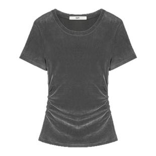 OMITI省略 植绒网纱高腰捏褶短袖T恤女短款丝绒上衣 细腻绒感