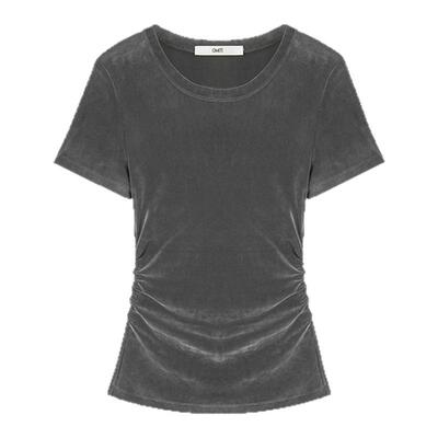 OMITI省略 植绒网纱高腰捏褶短袖T恤女短款修身丝绒上衣 细腻绒感