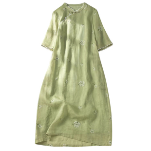 有间出品2025新款改版旗袍款式连衣裙苎麻盘扣立领中袖国风长裙夏