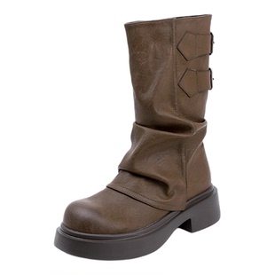 真皮美拉德中筒靴女2026春秋新款加绒马丁靴废土风堆堆靴厚底短靴