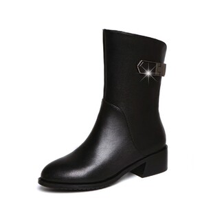 全牛皮粗跟短靴平底女鞋靴子女中筒靴2023新款真皮保暖马丁靴大码