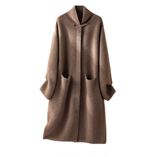 高岭之花~羊绒保暖中长款立领开衫外套女显瘦保暖上衣