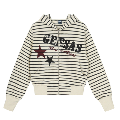 SREK美式复古条纹连帽拉链卫衣女