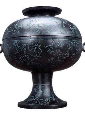 仿古青铜器狩猎纹圆豆古代食器礼器中式婚礼影视道具家居摆件果盘