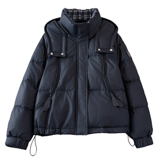 巨好看的藏青蓝色连帽蛋白pu皮衣羽绒服女2025冬季新爆款加厚外套