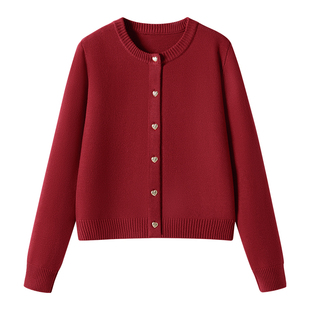 NOB真维斯红色针织开衫女2026新款小香风内搭毛衣本命年短款外套