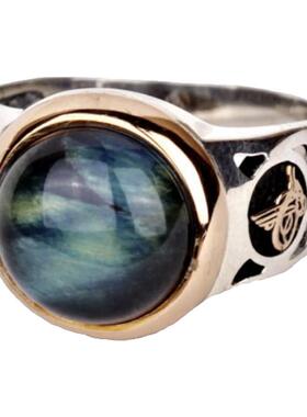 纯银蓝色虎眼石宝石镶嵌男士戒指