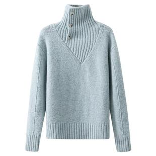 夕蒙2026新款冬季韩系慵懒风宽松小个子软糯独特漂亮蓝色高领毛衣