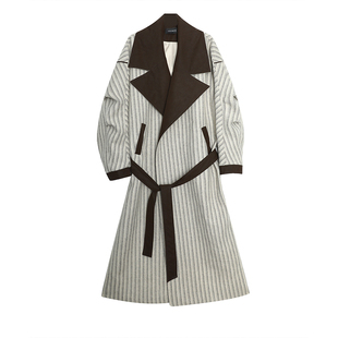 CIZZLEMORE【梦回巴黎】英伦翻领呢感条纹风衣外套女早秋廓形大衣