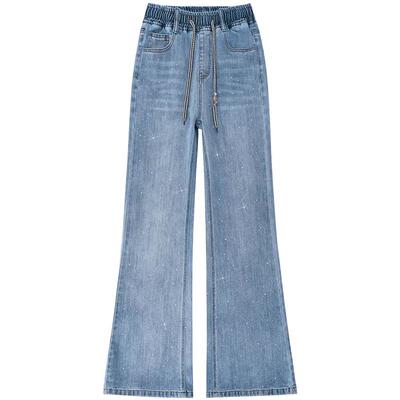 加长松紧腰烫钻牛仔裤女喇叭裤