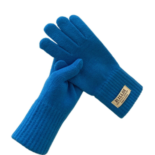 克莱因蓝色韩系含羊毛针织毛线手套女冬露指触屏学生情侣保暖骑行