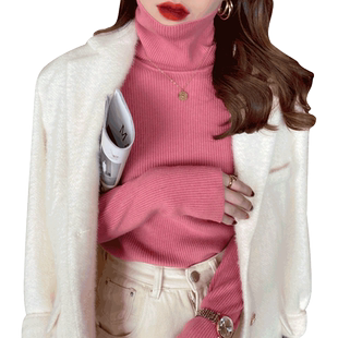 大码高领毛衣女秋冬加厚针织衫白色打底衫西装内搭堆堆领上衣胖mm