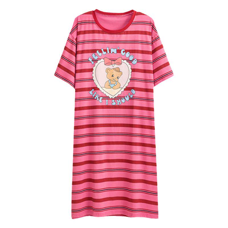 纯棉夏季卡通条纹大码睡裙女