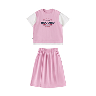 棵初2025夏季新品女童假两件T恤半裙套装亲子款休闲学院风两件套