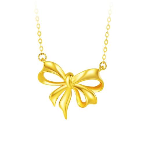 圣诞礼物周大生黄18K金项链套链彩金蝴蝶结吊坠颈链锁骨链送女友