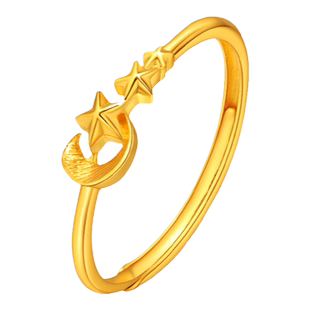 老庙黄金足金999梦幻星月活口戒指童话梦境氛围小星星月亮送礼物