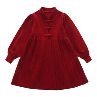 女童连衣裙2025新款红色儿童新中式毛衣裙子女宝秋冬装洋气公主裙