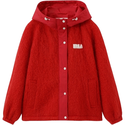 有兰短款马海毛连帽大衣