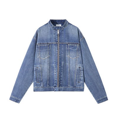 SANBAI水洗蓝复古立领牛仔夹克