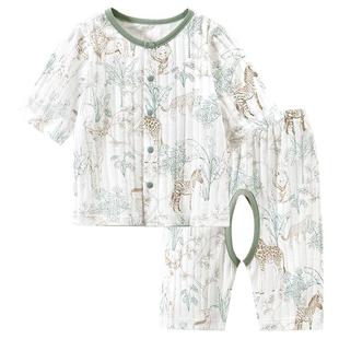 男宝宝开裆裤套装婴儿分体衣服夏季薄款七分袖幼儿睡衣纯棉空调服