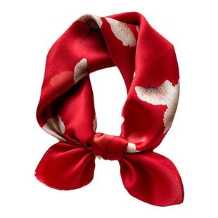 大红色银杏叶真丝小方巾中老年妈妈款秋冬丝巾桑蚕丝女红围巾送礼