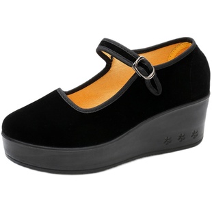 老北京布鞋女士高跟鞋黑色单鞋工作布鞋舒适松糕鞋舞蹈鞋妈妈鞋