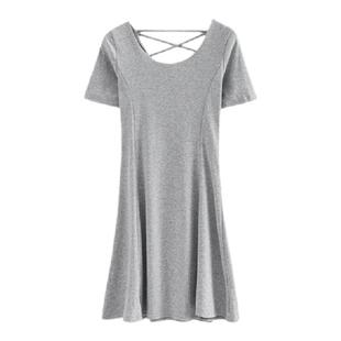 夏季纯白圆领修身裙摆压线设计短袖连衣裙中长款纯色简约休闲裙子