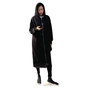 秋冬新款连帽加厚卫衣外套女韩版宽松显瘦中长款bf风过膝加绒开衫